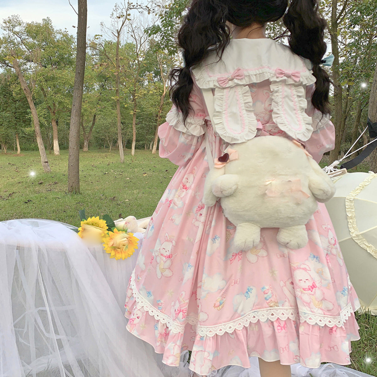 Cute Ladies Pleated Dresses Puff Sleeve Animal Printed Heart Pocket Button Pink/Blue